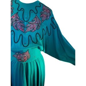 Vintage 80s Jon Wesley of California Teal Embroidered Western Dress - Size 6
